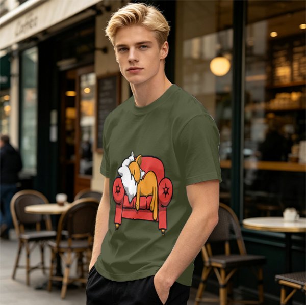 Olive green t-shirt with a sleeping orange cat on a red armchair print