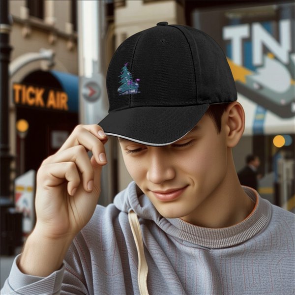 Black Baseball Cap With Decorated Christmas Tree Graphic