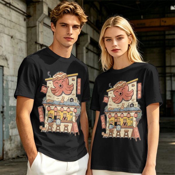 Olive T-Shirt with Octopus Takoyaki Shop Cat Art Print