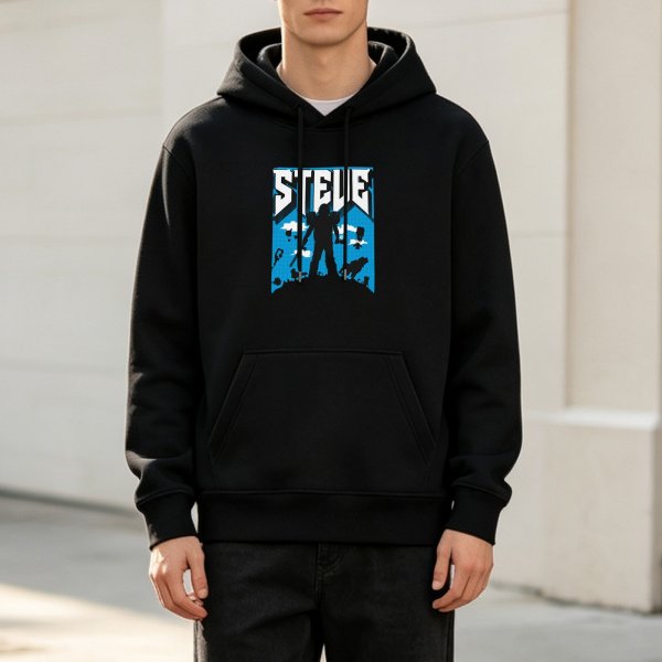 Black hoodie with Steve Minecraft-style graphic print