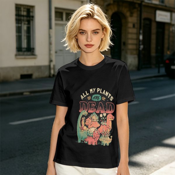Olive graphic t-shirt with 'All My Plants Are Dead' dinosaur print