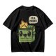 Olive green t-shirt with a cartoon dumpster on fire saying I'm a phoenix