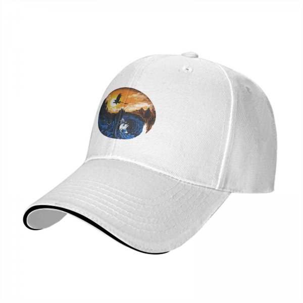 Black baseball cap with yin-yang dragon sunset and night artwork