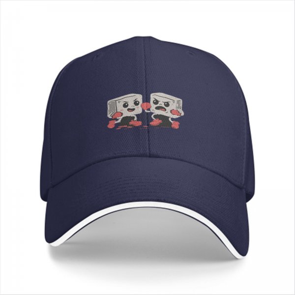Black baseball cap with cartoon fighting tofu characters graphic