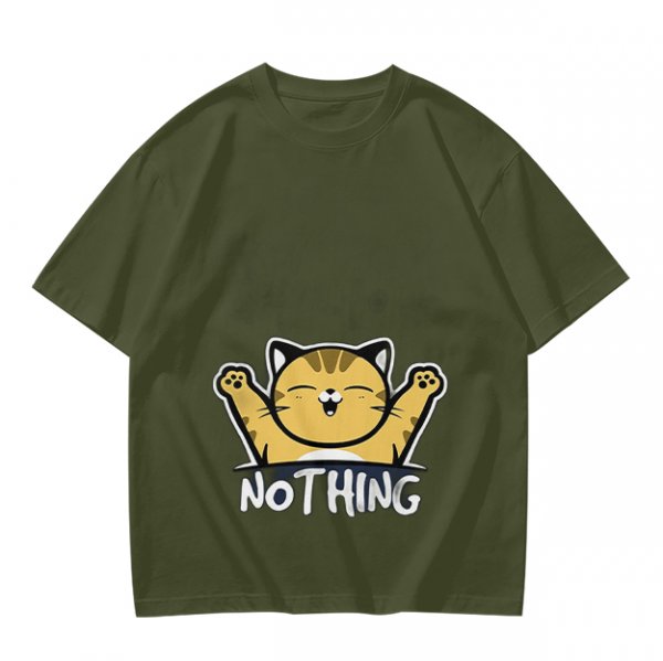 Olive T-Shirt with Happy Raised Paw Cat and 'NOTHING' Print