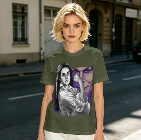 Olive T-shirt with vintage woman flexing arm graphic print