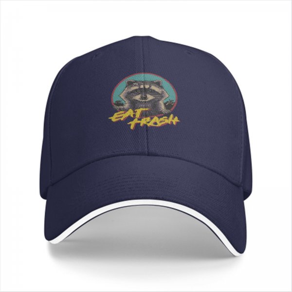 Black baseball cap with raccoon graphic and 'Eat Trash' text