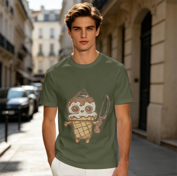 Olive T-Shirt With Cute Ice Cream Cone Holding Knife Print