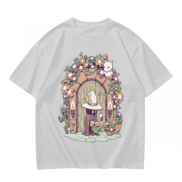 Olive T-Shirt With Whimsical Wizard Cat Garden Door Art