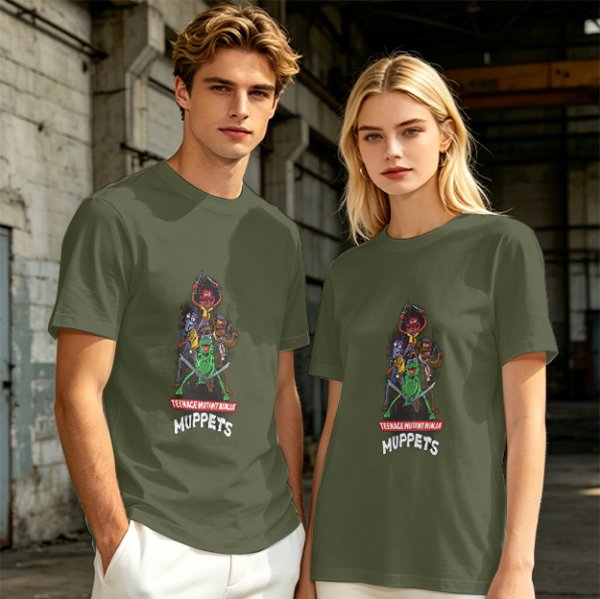 Olive T-Shirt with Teenage Mutant Ninja Muppets Graphic Print