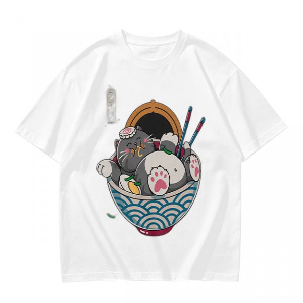 Oversized T-Shirt With Chubby Cat In Ramen Bowl Print