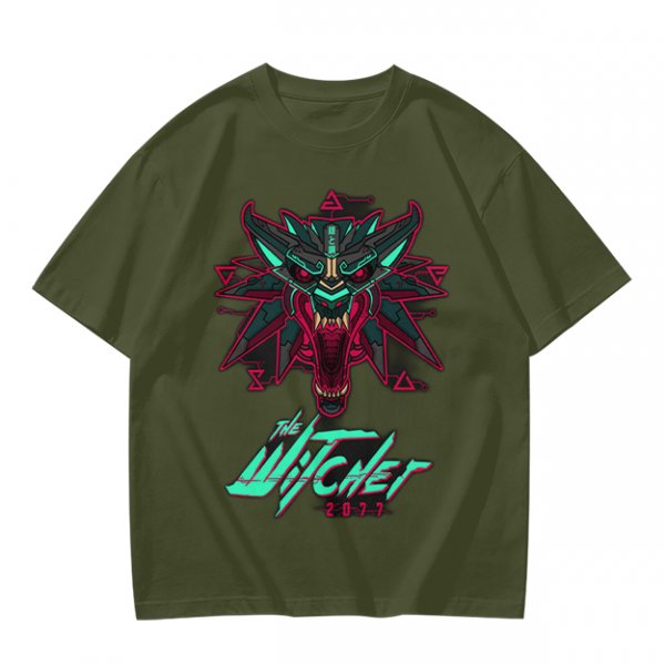 Olive T-Shirt With Cyberpunk Witcher Wolf Emblem Print