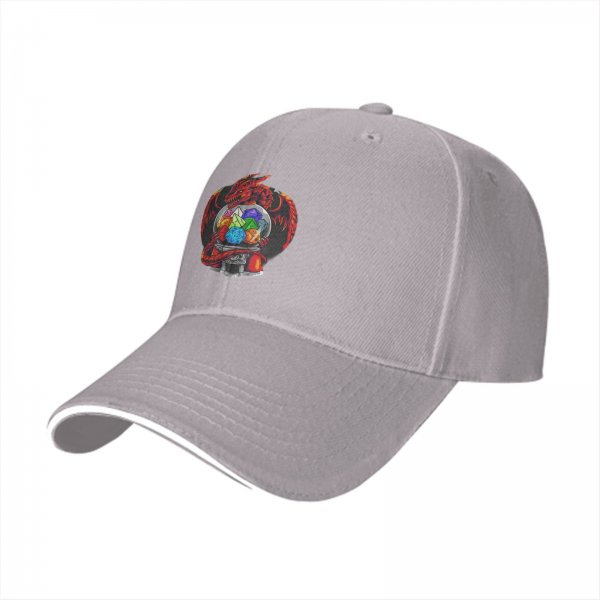 Black baseball cap with red dragon holding polyhedral dice design