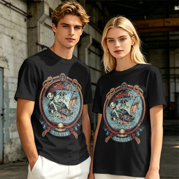 Olive Green Pirate Themed T-Shirt with Ship and Skull Graphic