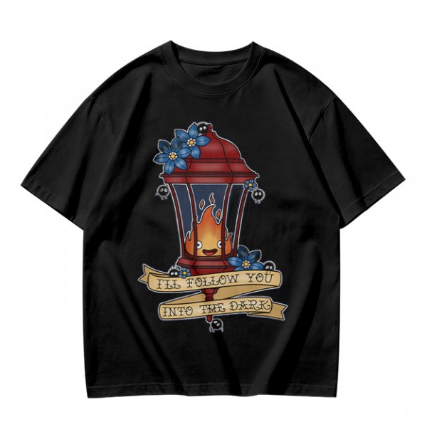 Olive t-shirt with lantern flame graphic and 'I'll follow you into the dark' text