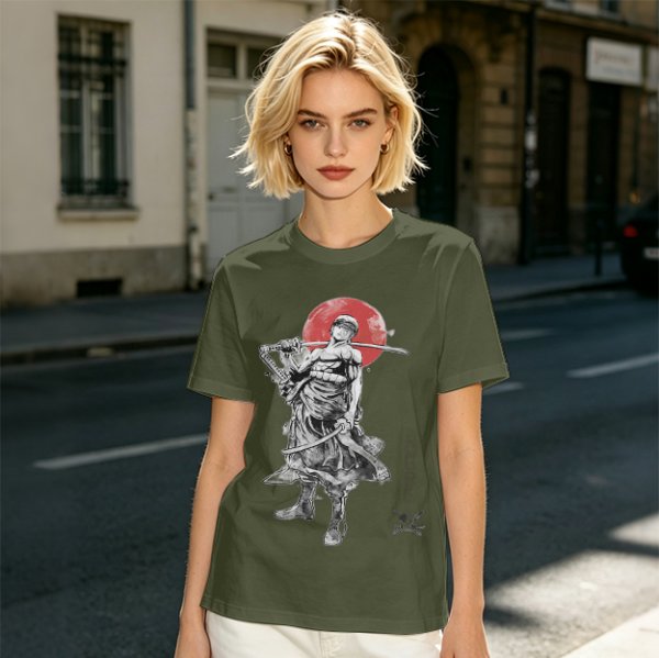 Olive T-shirt with Samurai Swordsman and Red Sun Print