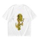 Olive T-shirt with a grumpy cartoon dinosaur holding a coffee mug