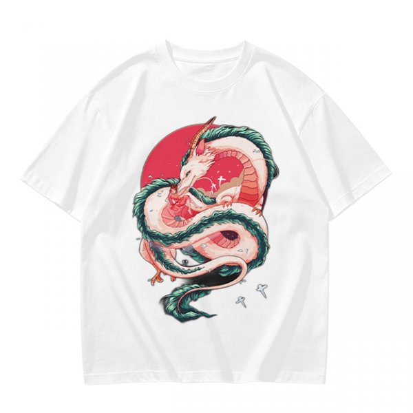 Olive T-shirt with stylized white dragon and red circular graphic print