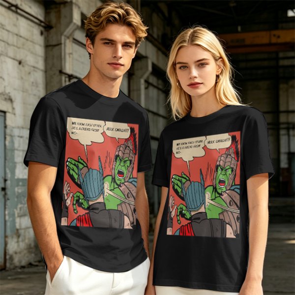 Olive t-shirt with comic print of Hulk and Thor mid-smashed interaction