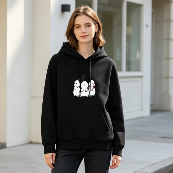 Black hoodie with three stylized white cartoon creatures graphic