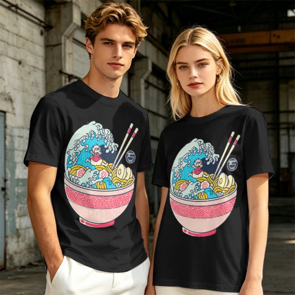 Olive T-shirt with Great Wave Ramen Bowl Graphic Design