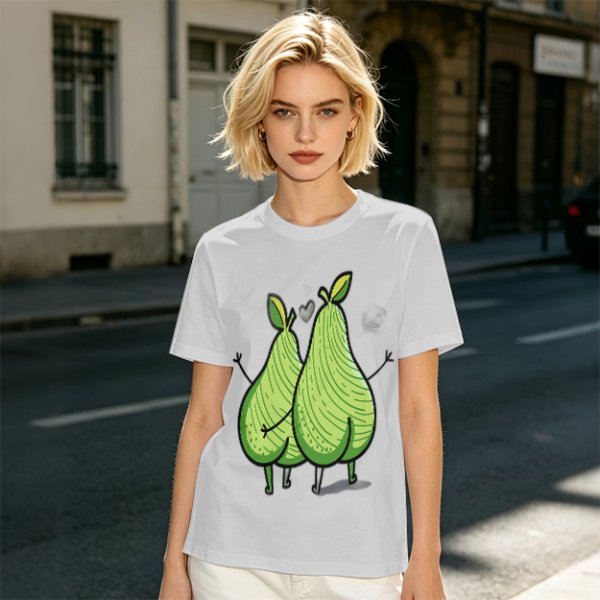 Olive Green T-Shirt With Two Cartoon Pears In Love Graphic