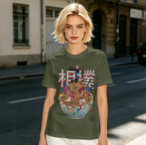 Olive T-shirt with Sumo Wrestler in Ramen Bowl Artwork