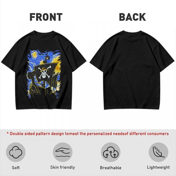 Olive T-Shirt With One Piece Straw Hat Pirate Ship Artwork