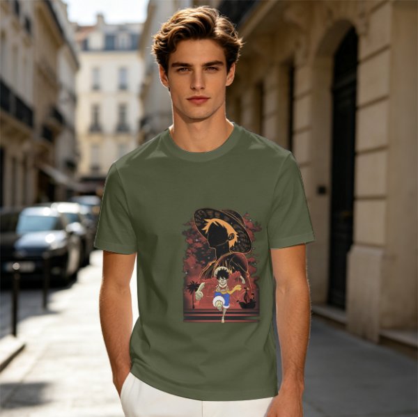 Olive Anime Graphic T-Shirt With Straw Hat Character Design