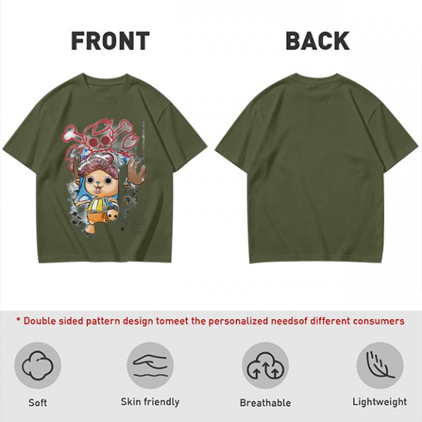 Olive T-Shirt with One Piece Tony Tony Chopper Pirate Skull Print