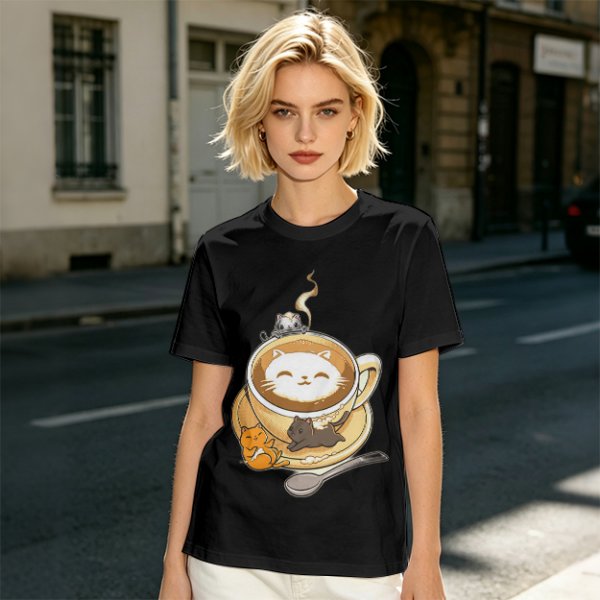 Olive Green T-Shirt With Cute Cat Latte Art And Kittens Print
