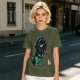 Olive T-shirt with cartoon dinosaur in Darth Vader helmet and chicken print