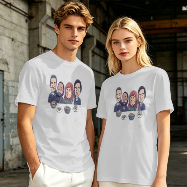 Olive T-shirt with Cartoon Group of Four People and Bowls Print