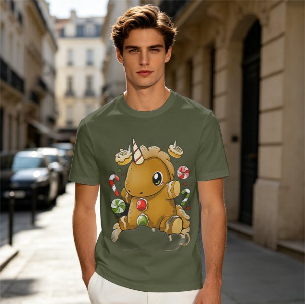 Olive T-Shirt With Cute Gingerbread Unicorn And Christmas Candy Print