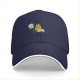 Black baseball cap with cartoon burning character and worried companion graphic