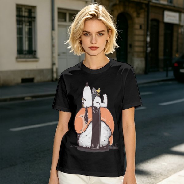 Olive t-shirt with Snoopy and Woodstock sushi print