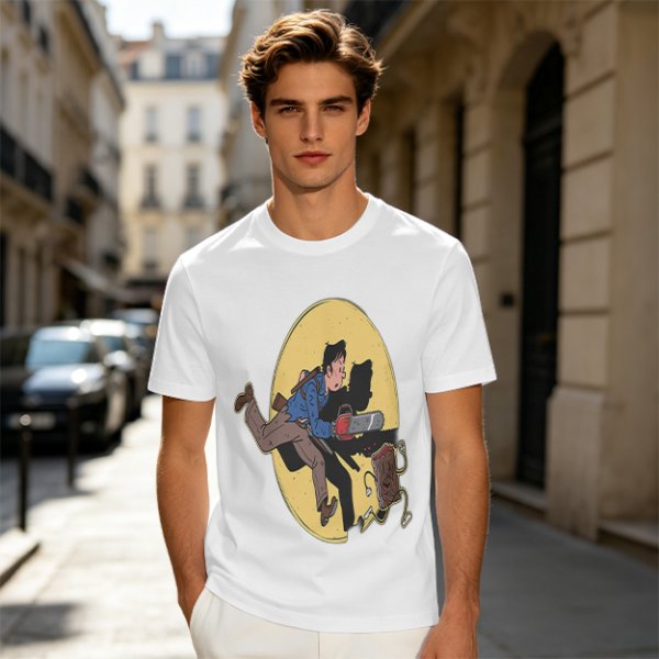 Olive T-shirt with Cartoon Chainsaw Action Character Print