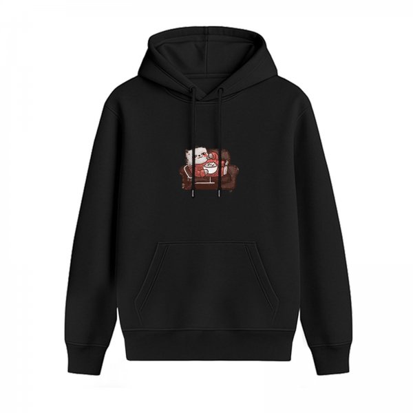 Black Hoodie With Cute Lazy Cat Lounging On Sofa Holding Bowl