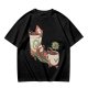 Olive green graphic tee with a sloth relaxing between anthropomorphic coffee mugs