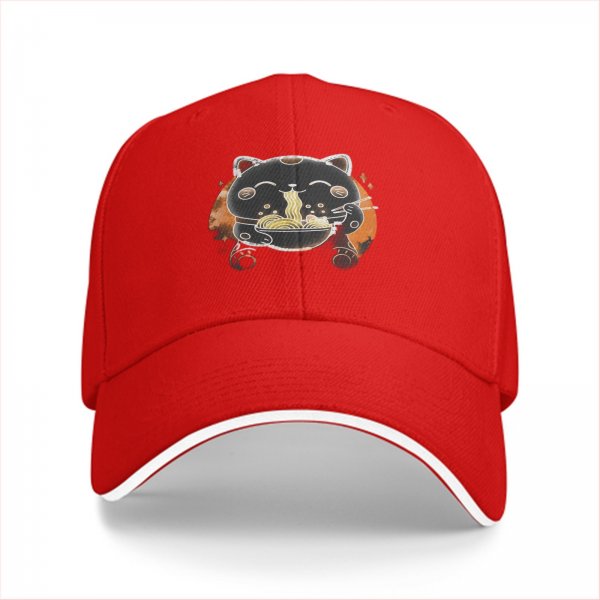 Black Baseball Cap With Cute Maneki-neko Cat Eating Ramen Design