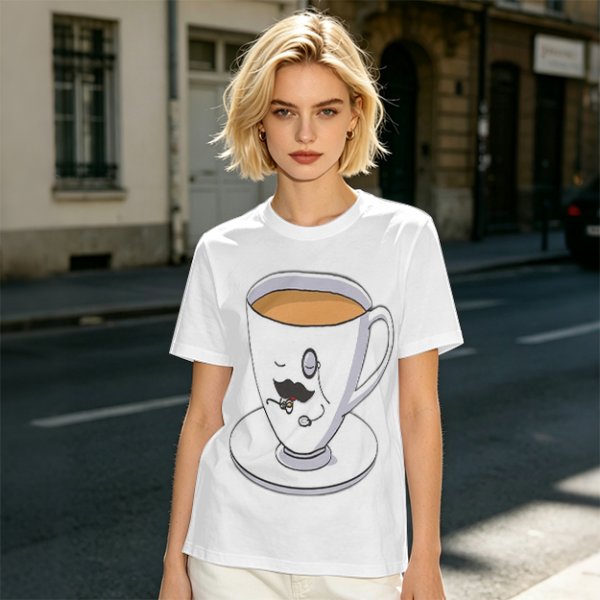 Olive Green T-Shirt With Dapper Cartoon Teacup Graphic