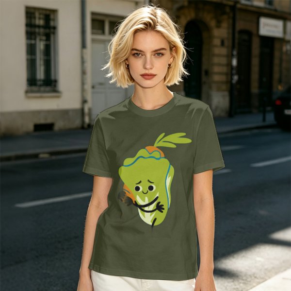 Olive Green T-Shirt With Sad Cartoon Cabbage Graphic