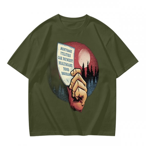 Olive T-Shirt With Hand Holding Bill Of Monthly Expenses Art