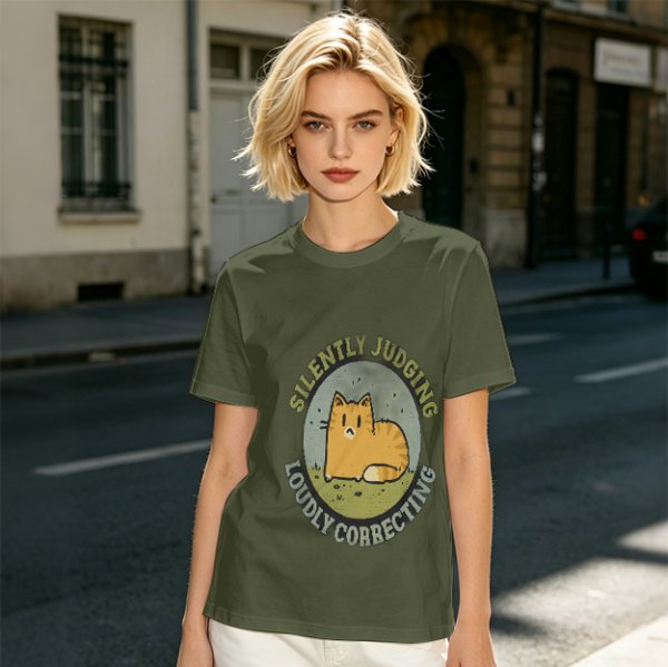 Olive T-Shirt With Silently Judging Loudly Correcting Cat Print