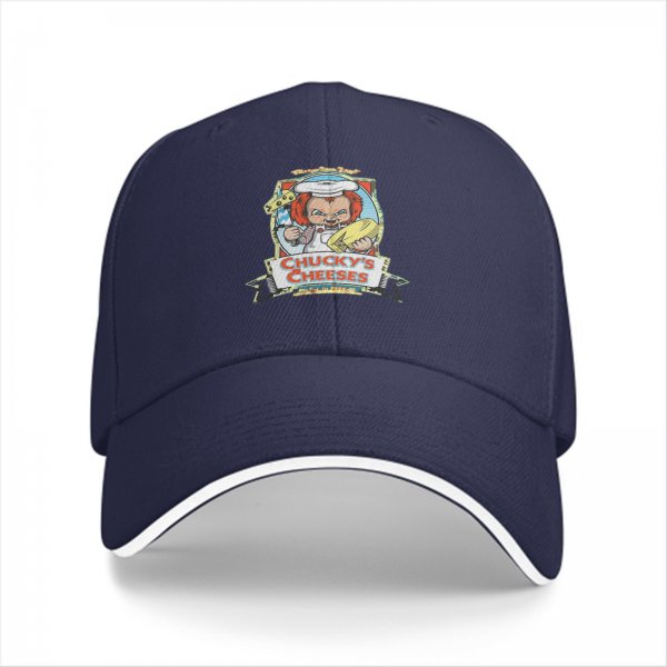 Black baseball cap with Chucky's Cheeses horror chef graphic