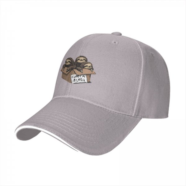 Black baseball cap with three sloths in a box that says adopt a sloth