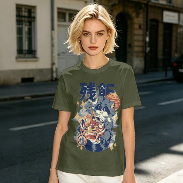 Olive green graphic t-shirt with raccoon eating ramen print
