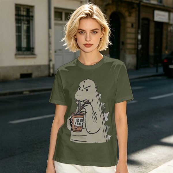 Olive T-Shirt Featuring Godzilla Eating Ramen