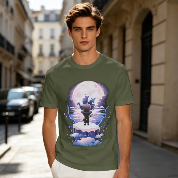 Olive T-Shirt With Moonlit Pirate Ship And Silhouette Figure Print