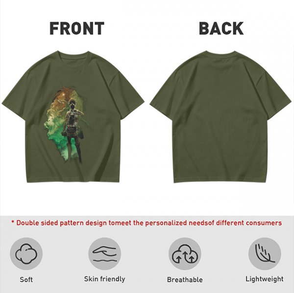 Olive Anime Graphic T-Shirt With Warrior And Giant Artwork